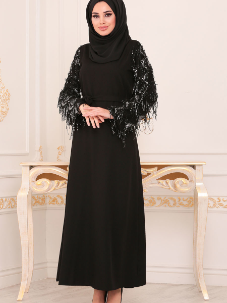 Nayla Collection - Püskül Detaylı Desenli Tesettür Elbise 3195DSN