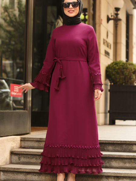 Nayla Collection - Püskül Detaylı Desenli Tesettür Elbise 3195DSN